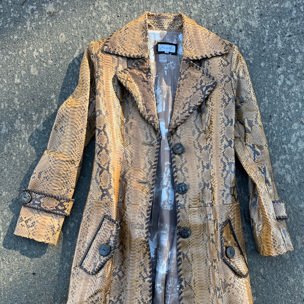 Glen Arthur VTG 90s Tan Python Snakeskin Jacket Trench Coat w/ Brown Leather S